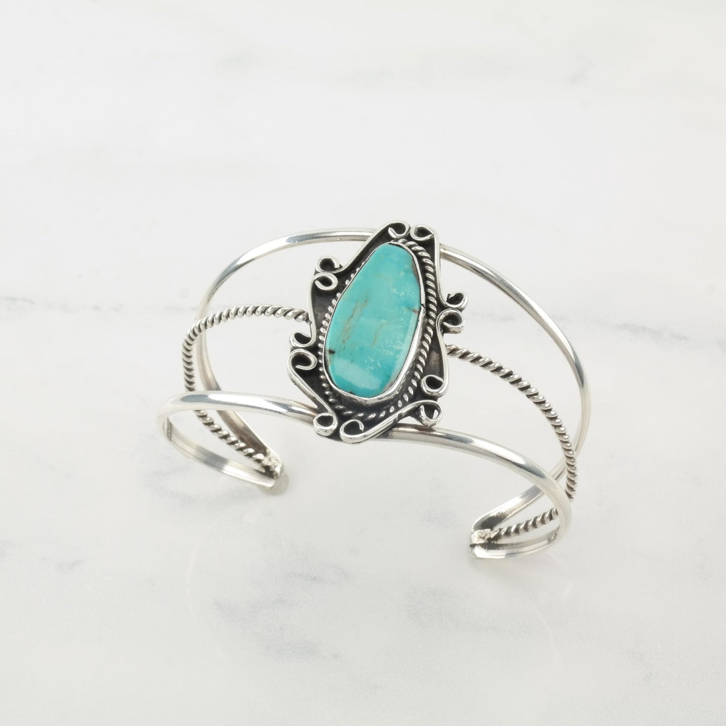 Native American Blue Turquoise, Shadow Box Sterling Silver Cuff Bracelet