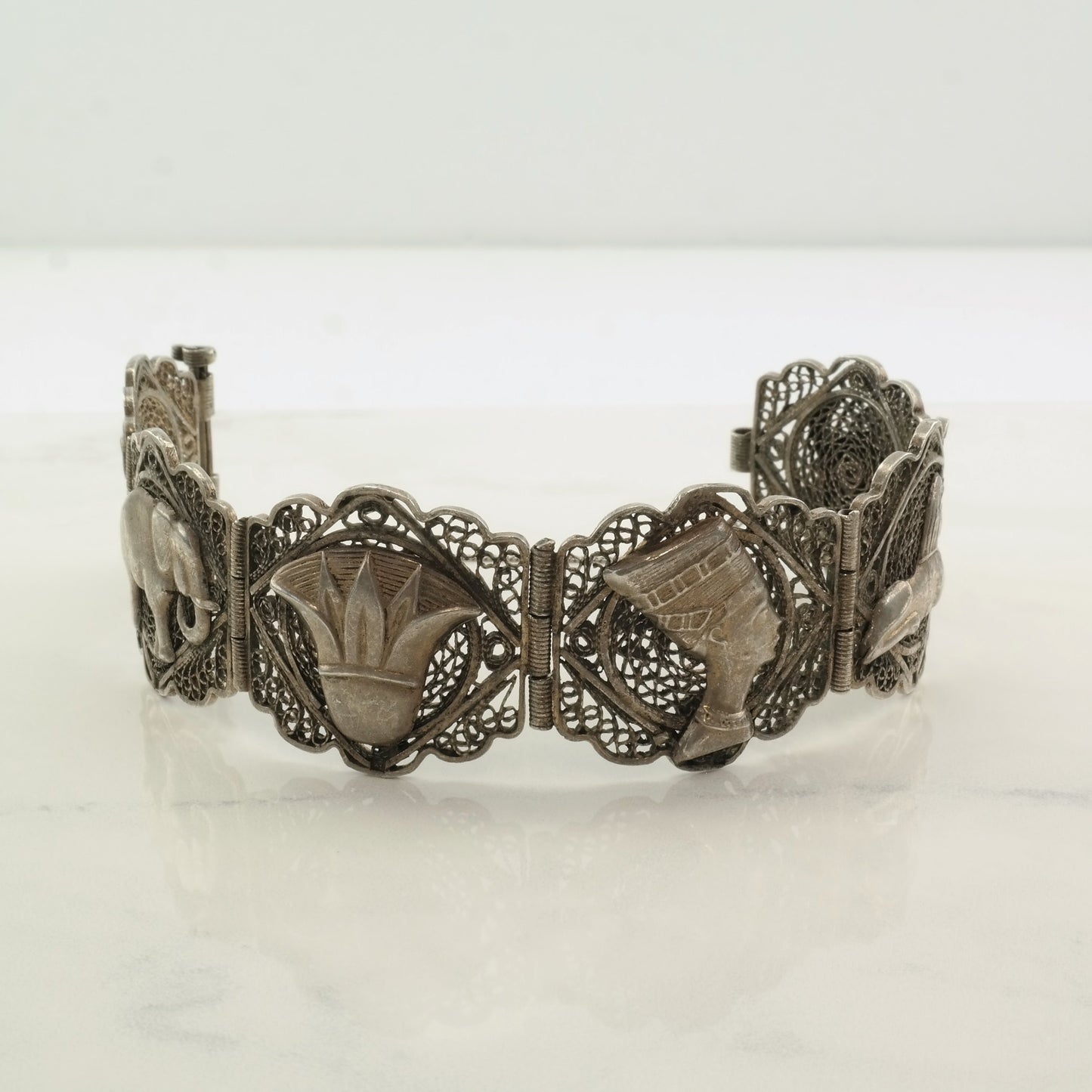 Archeological Revival Sterling Silver Link Filigree Bracelet