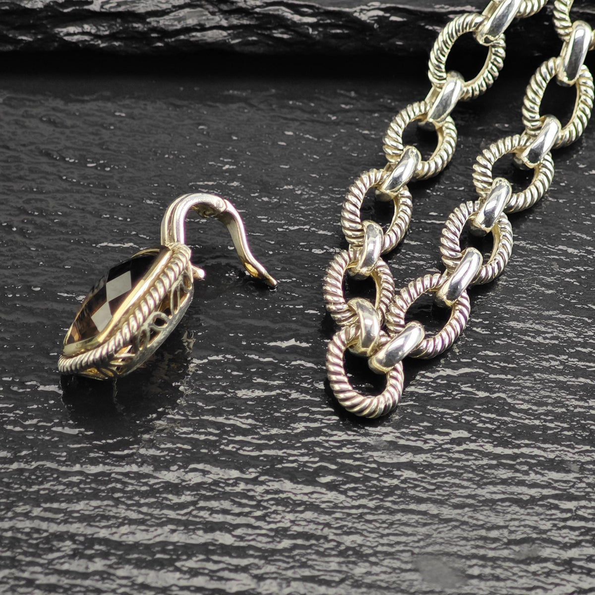Vintage Michelle Albala Smoky Quartz Gold Bezel Sterling Silver Necklace N2783