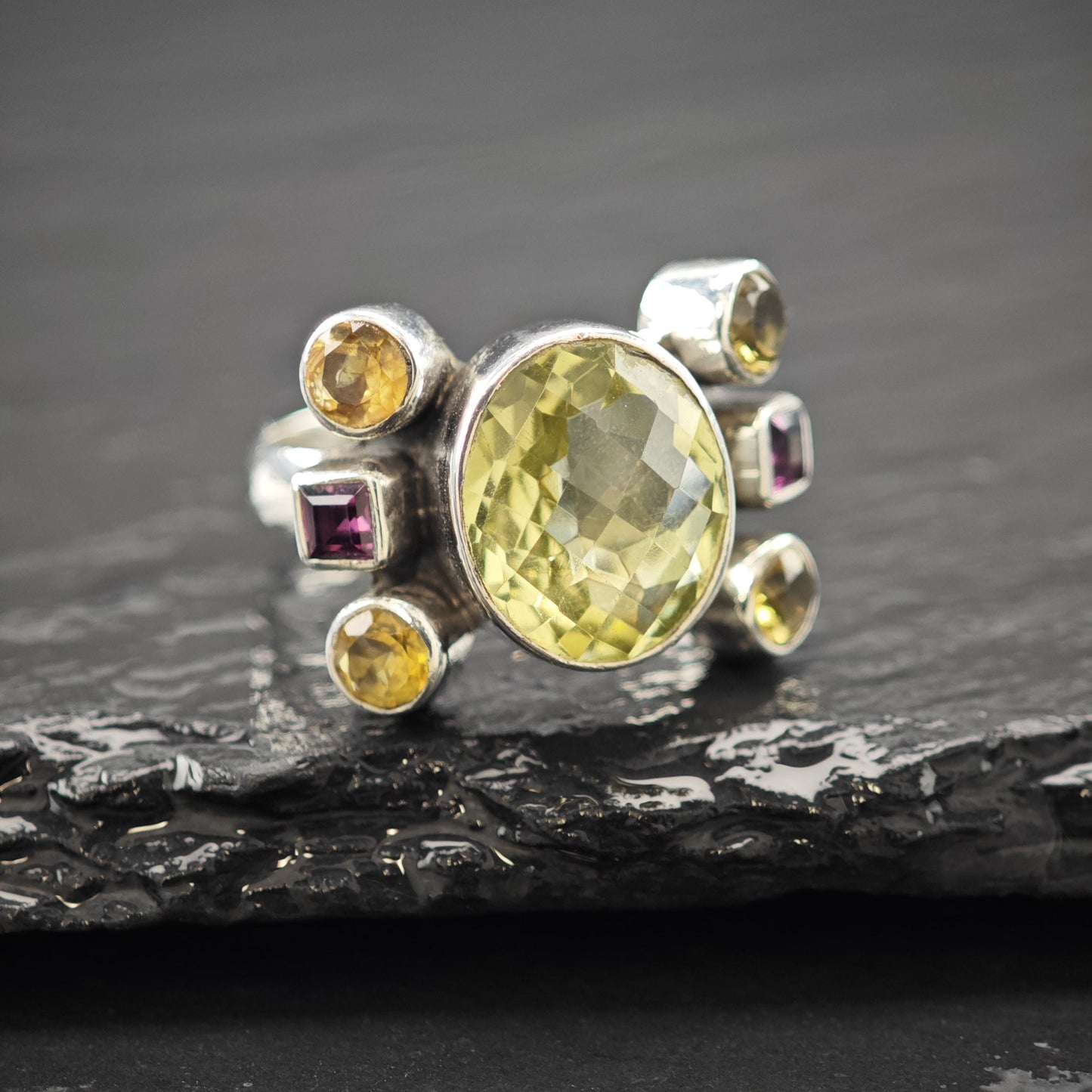 Nicky Butler Quartz Citrine, Garnet Ring Sterling Silver Size 7 3/4