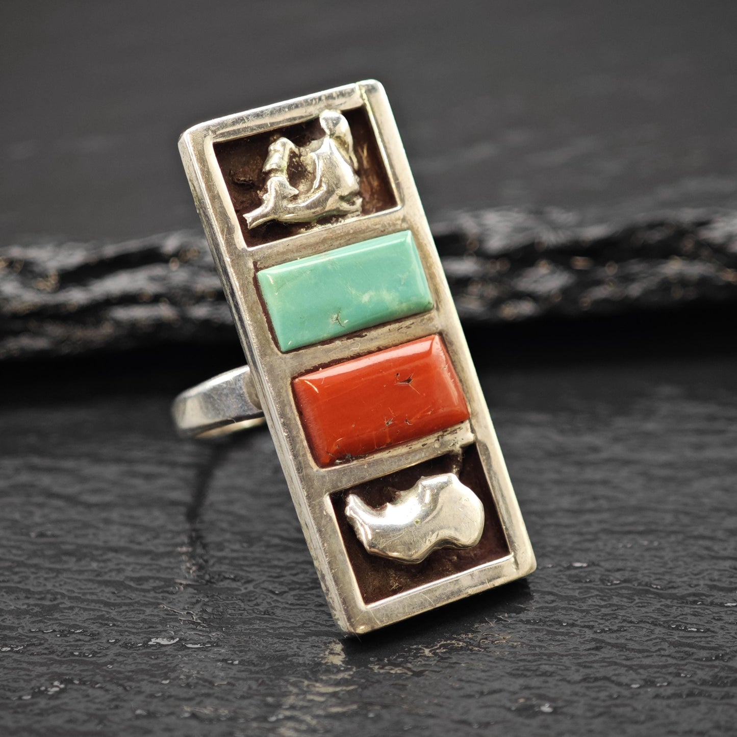 Zuni, Native American Turquoise, Coral Inlay Ring Sterling Silver Sz 6