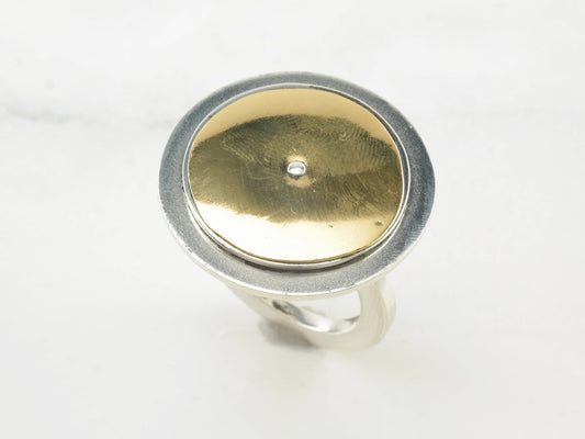 Modernist Ring Two Tone Disc Spinnable Sterling Silver Gold Tone Size 5 1/2