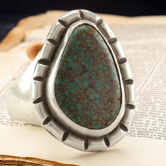 Vintage Native American Sterling Silver & Spiderweb Turquoise Ring, Size 12.5