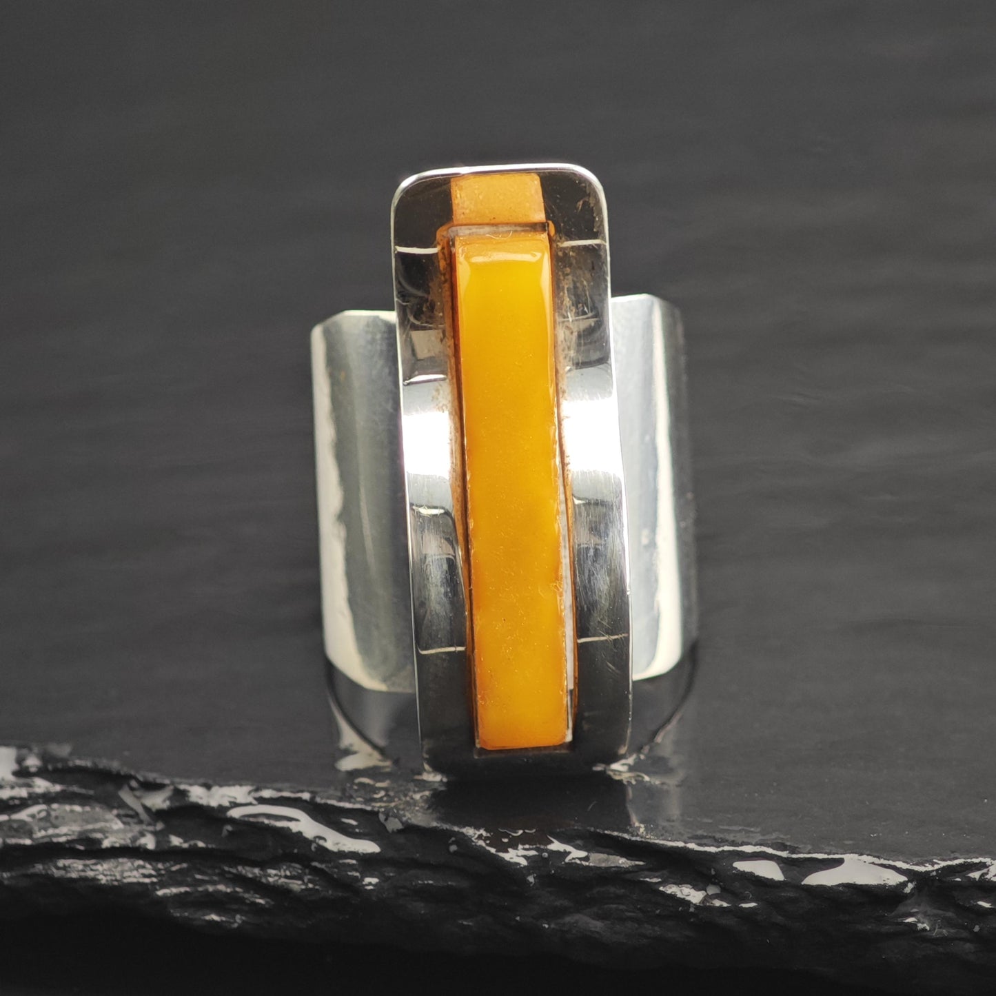 Modernist Butterscotch Amber Ring Sterling Silver Open Band Sz 8 R6683