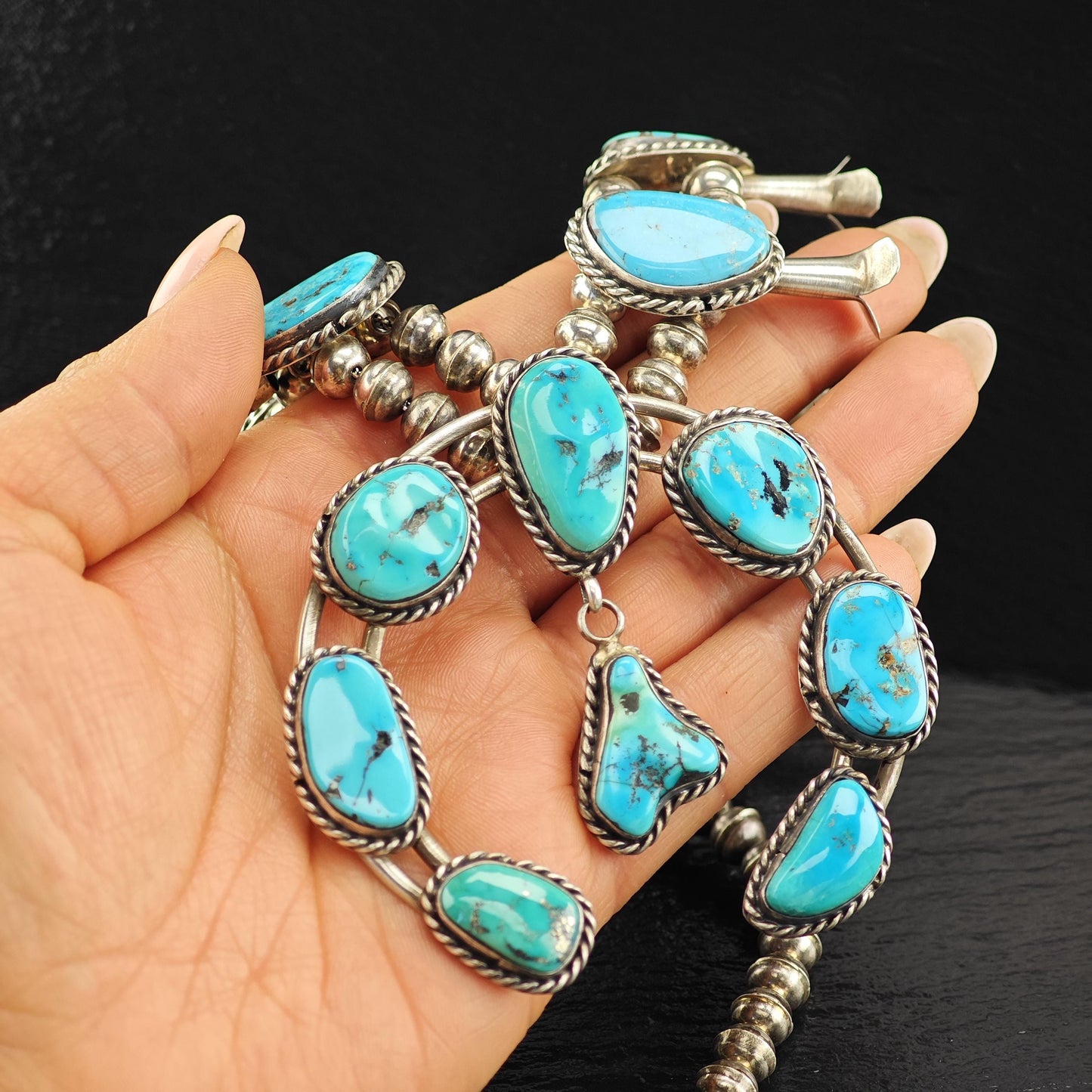 Native American Sleeping Beauty Turquoise Squash Blossom Necklace in Sterling Silver