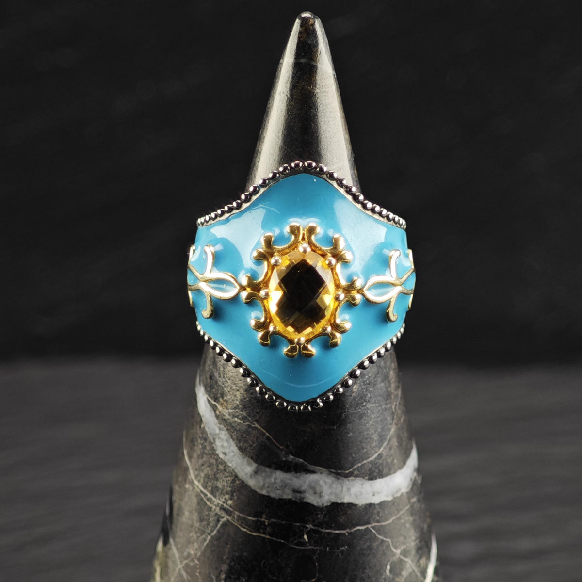 Citrine Blue Enamel Heavy Patina Sterling Silver Ring Sz 6 R6839