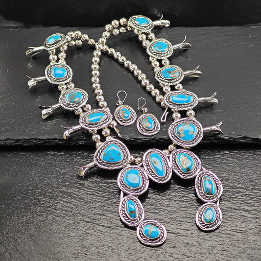 Large Southwest Blue Turquoise Squash Blossom Necklace and Earring Set in Sterling Silver