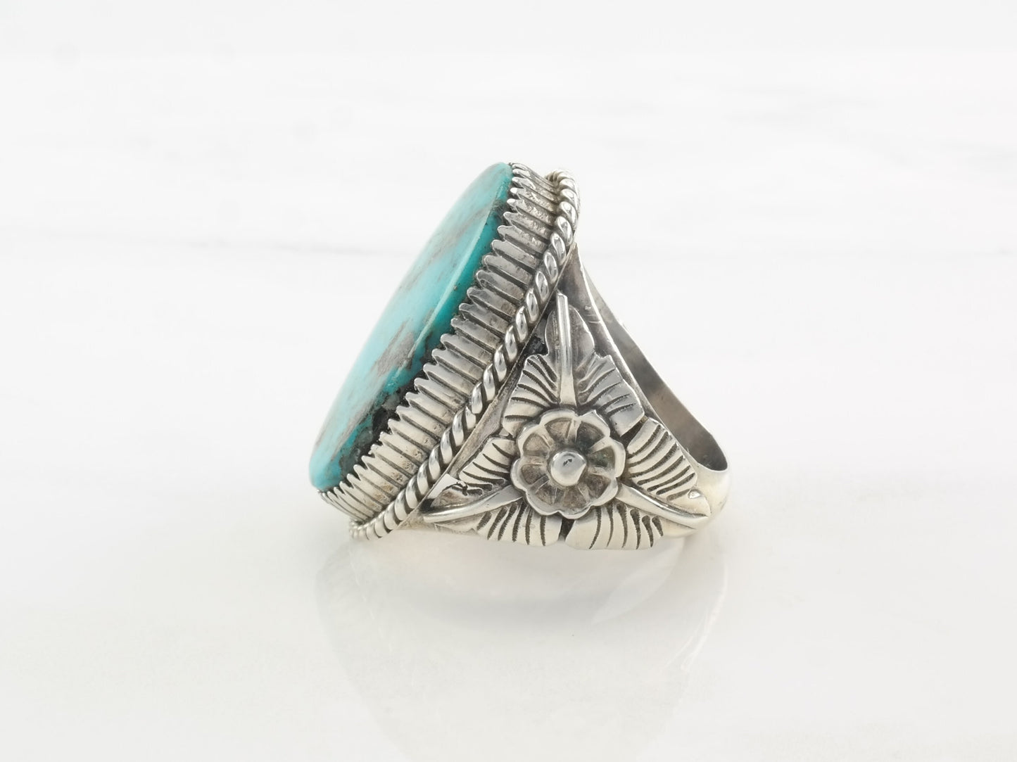 Vintage Native American Silver Ring Turquoise, Oval, Floral Sterling Size 10 3/4