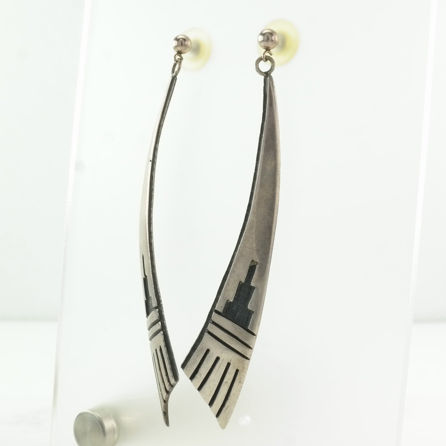 Native American Sterling Silver Long Overlay Earrings Stud Dangle