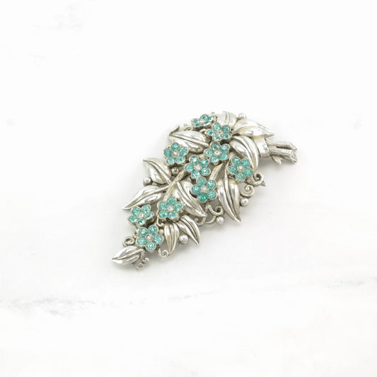 Crown Trifari Sterling Silver Brooch Floral Blue Colored Gemstone