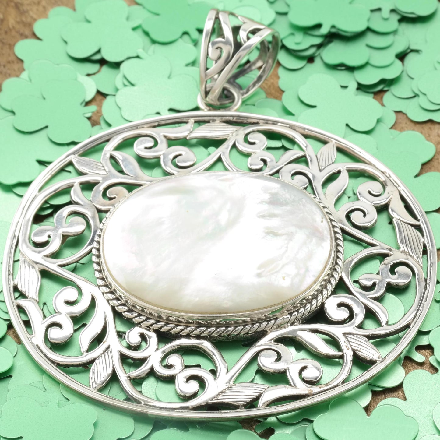 Vintage Large Thai Filigree Silver Pendant MOP Sterling
