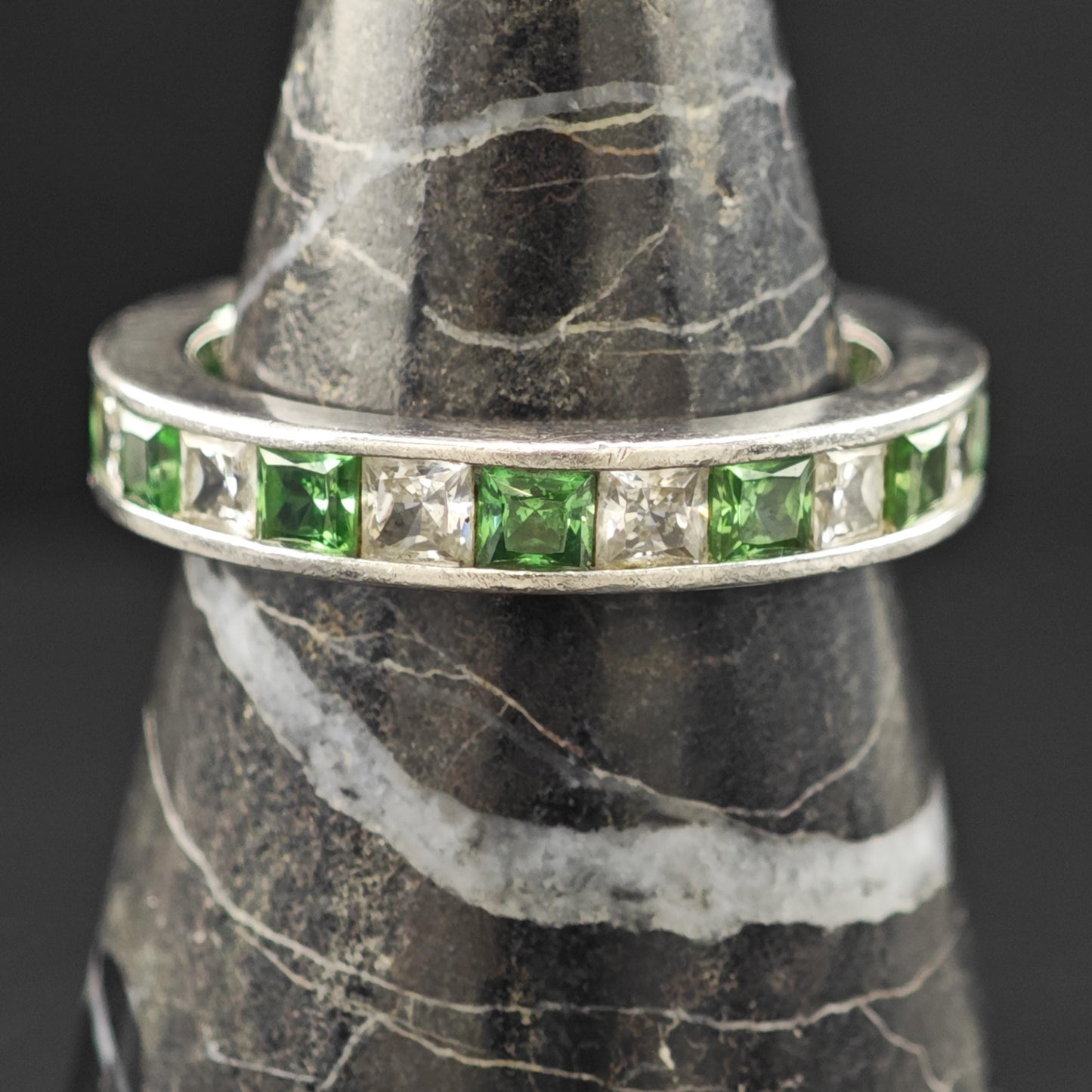 Sterling Silver Ring Green and White CZ Band Size 9 R6046