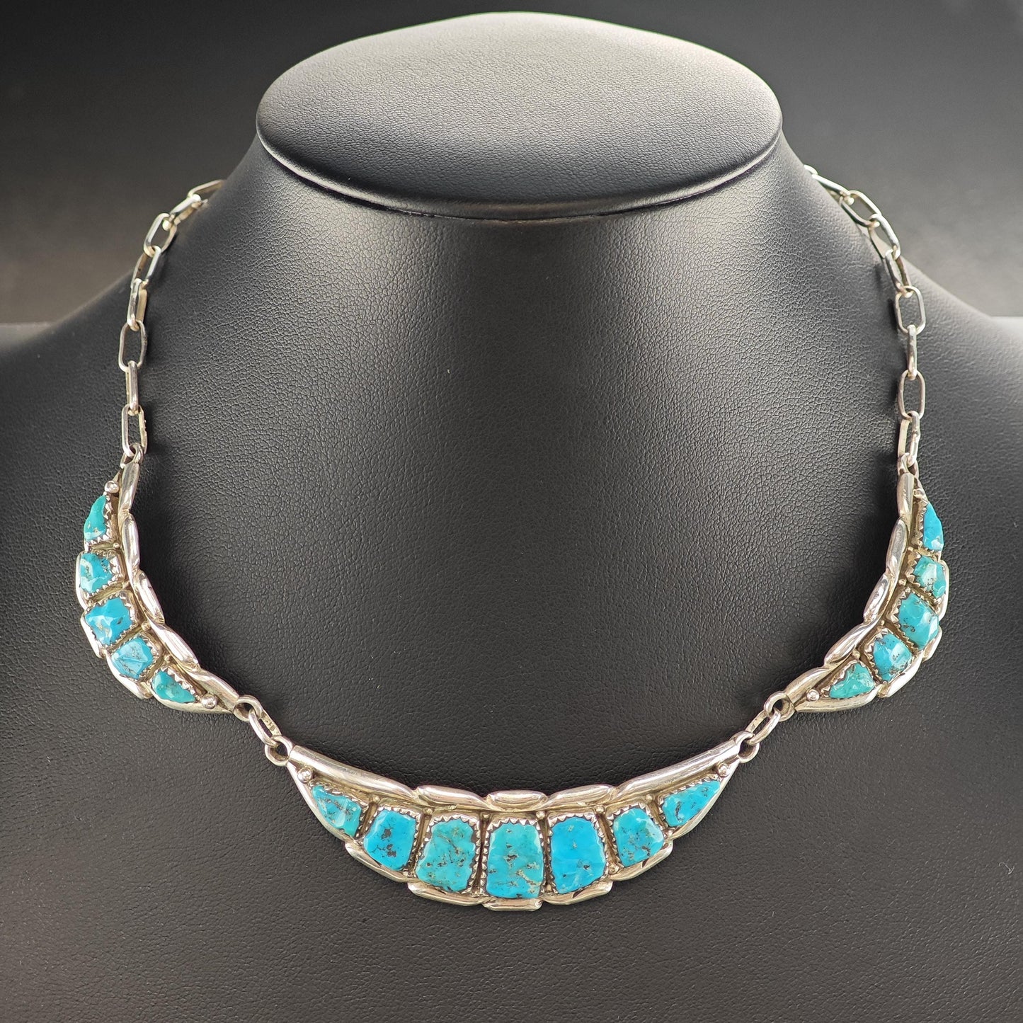 Vintage Zuni Quam Turquoise Sterling Silver Necklace N2723