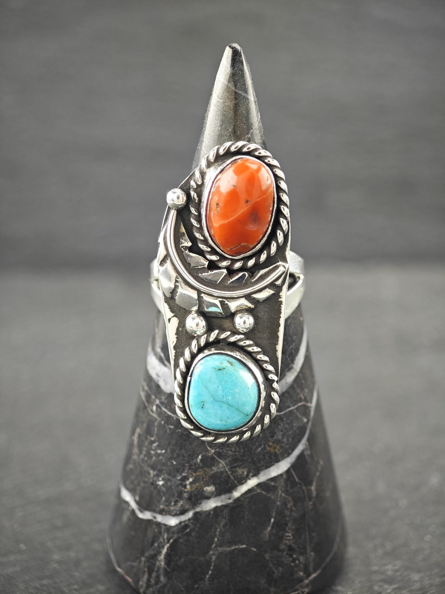 Southwest Coral, Turquoise Ring Sterling Silver
