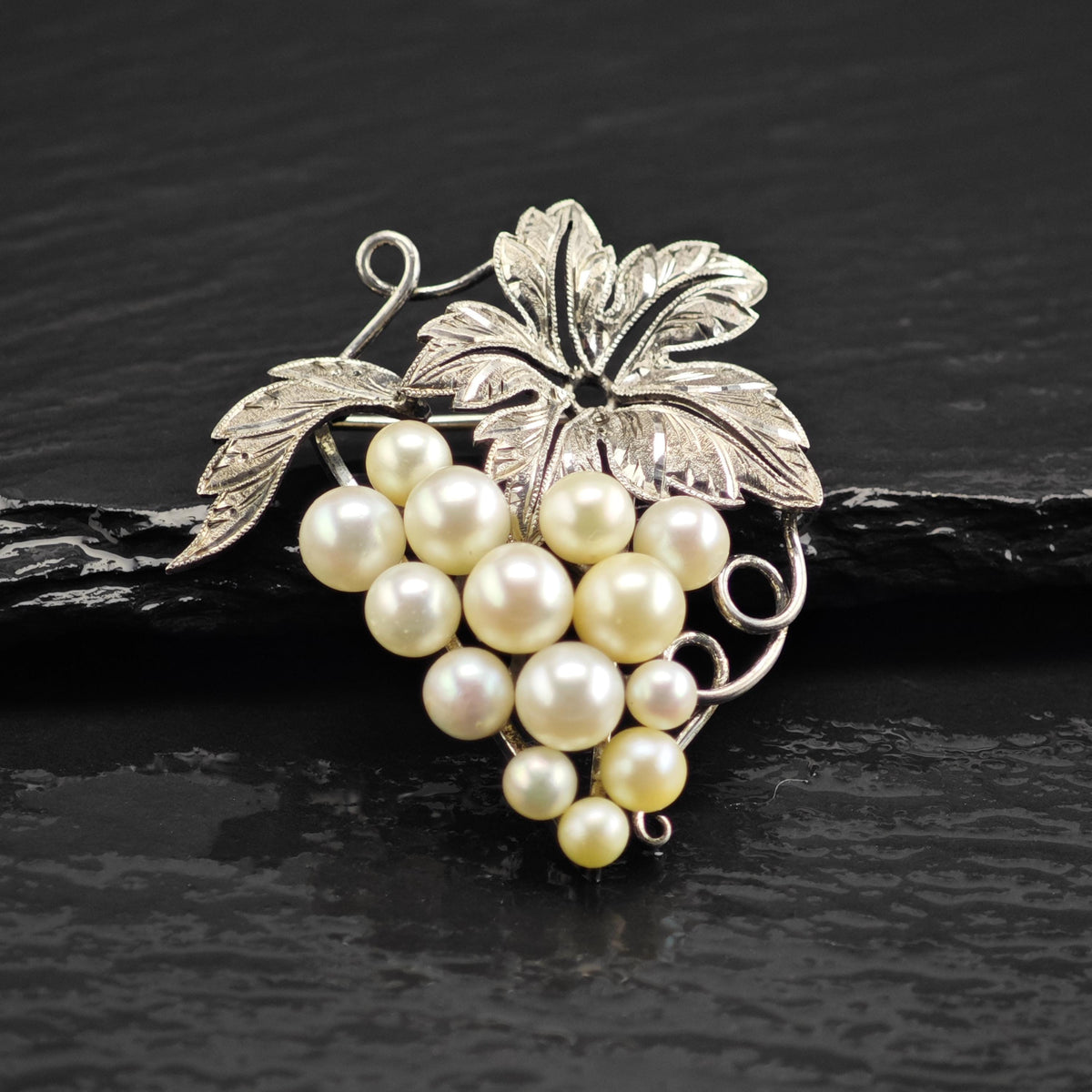 Japan Akoya Cultured Pearls, Grape Vine Sterling Silver Brooch B2260