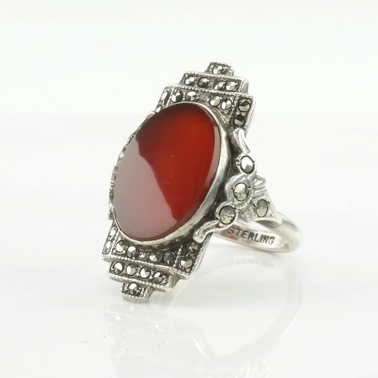 Art Deco Silver Ring Carnelian Marcasite Sterling Red Size 4 1/4