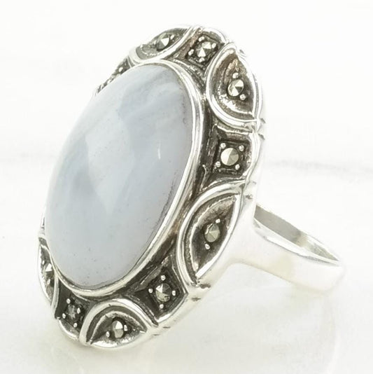 Vintage Sterling Silver Ring Lace Agate Marcasite Purple Size 6 3/4