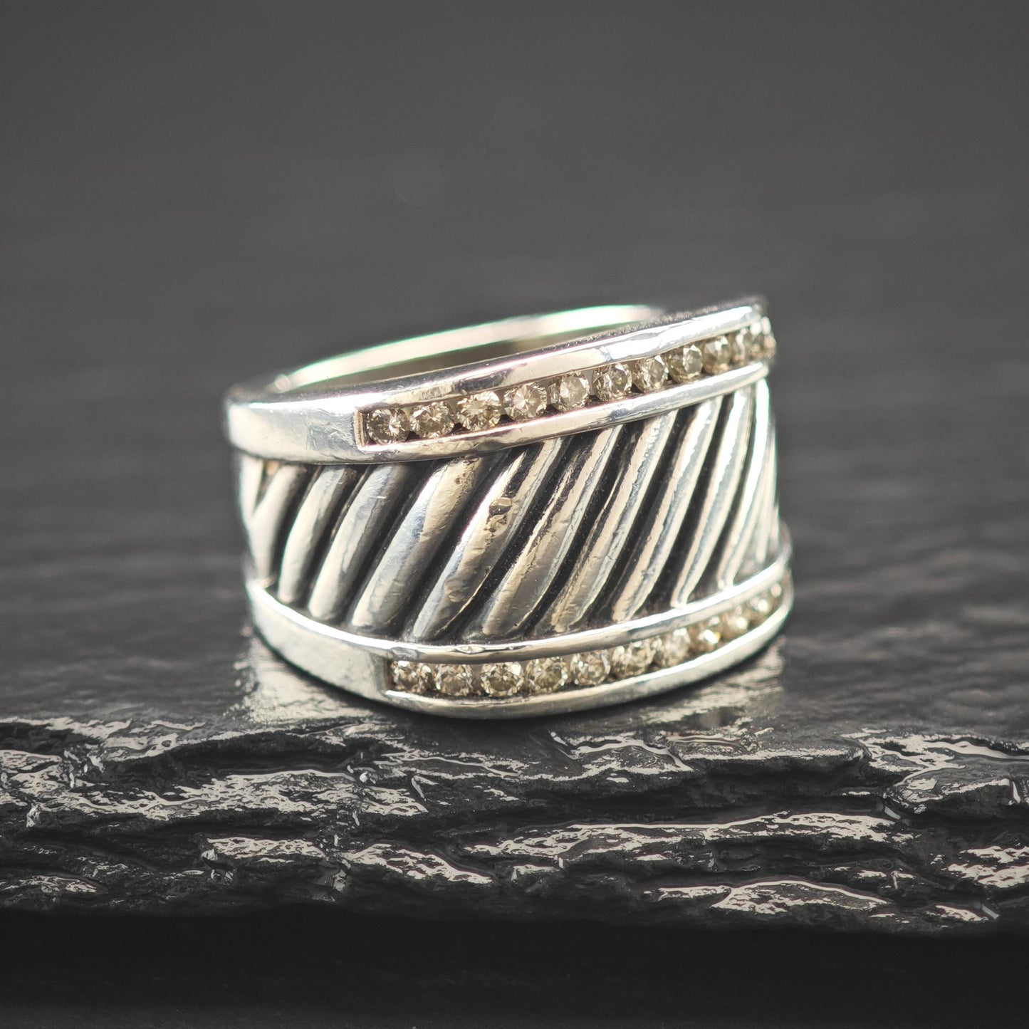 David Yurman Diamond Ring Cigar Band Sterling Silver