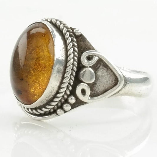 Vintage Sterling Silver Ring Amber Orange Size 7 1/2