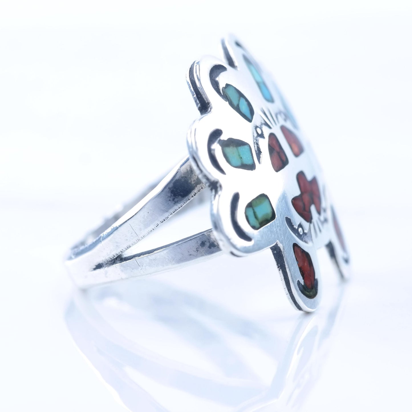 Native American Sterling Silver Ring Turquoise, Coral Inlay, Sunface