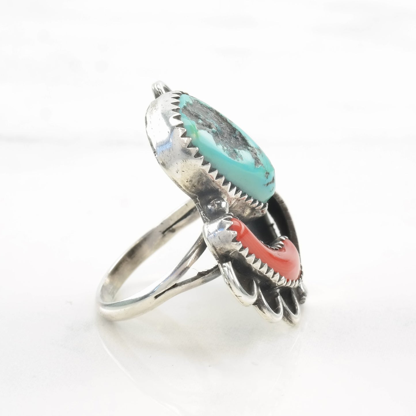 Native American Ring Turquoise, Coral Feather Sterling Silver Size 5 1/2