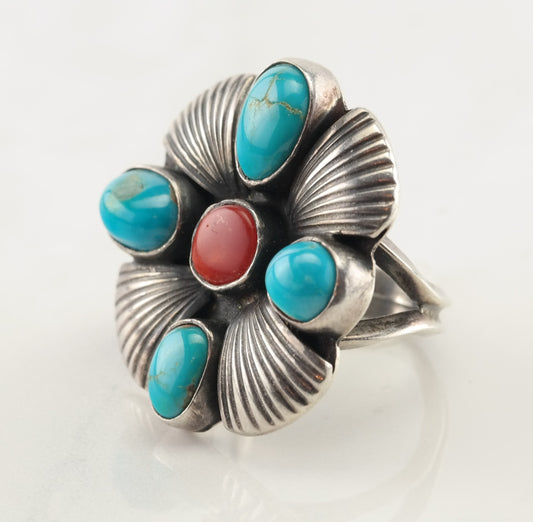 Native American Silver Ring Turquoise, Coral Floral Sterling Size 7