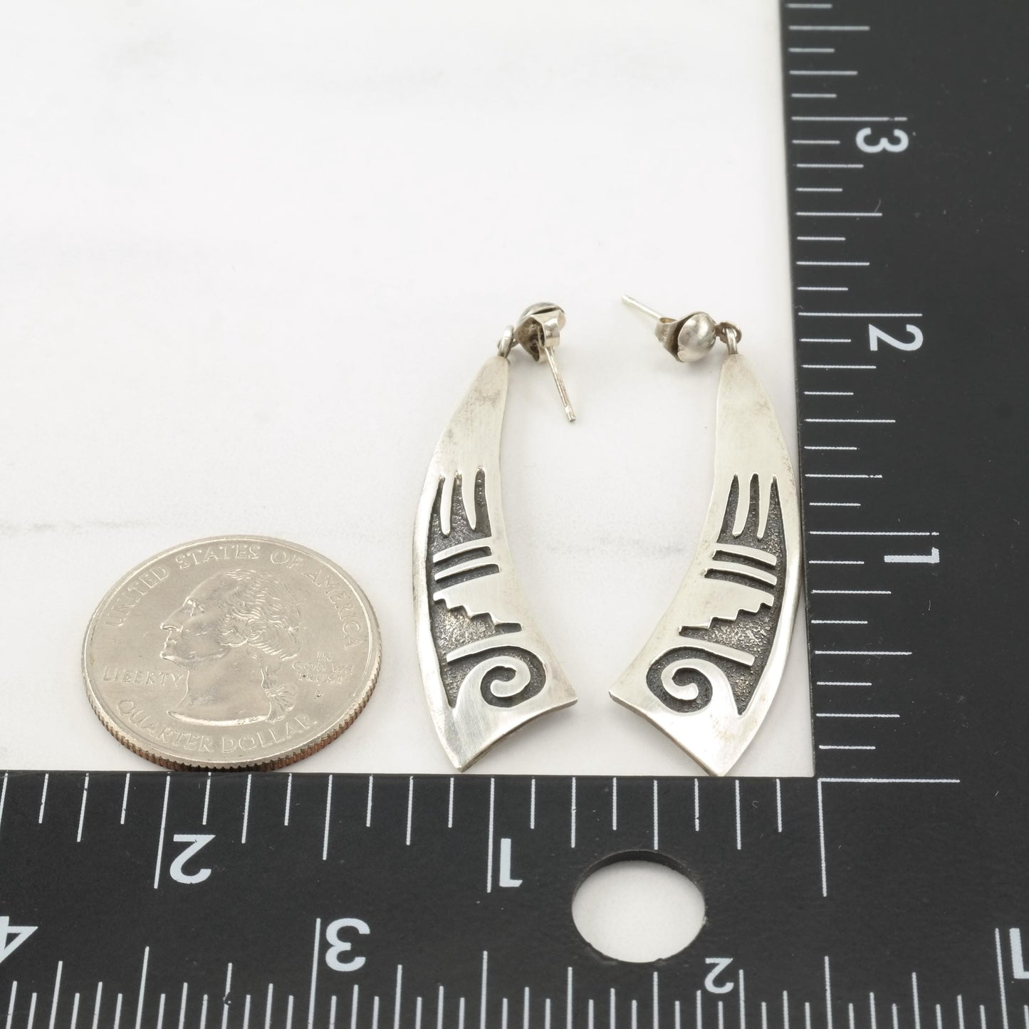 Vintage Native American Long, Overlay Sterling Silver Pierced Dangle Earrings