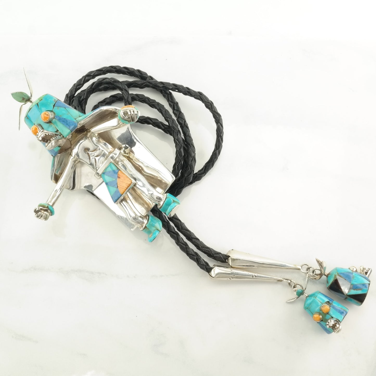 Native American Bolo Tie Sterling Silver Turquoise Inlay Kachina Necklace Attr. Carlos White Eagle