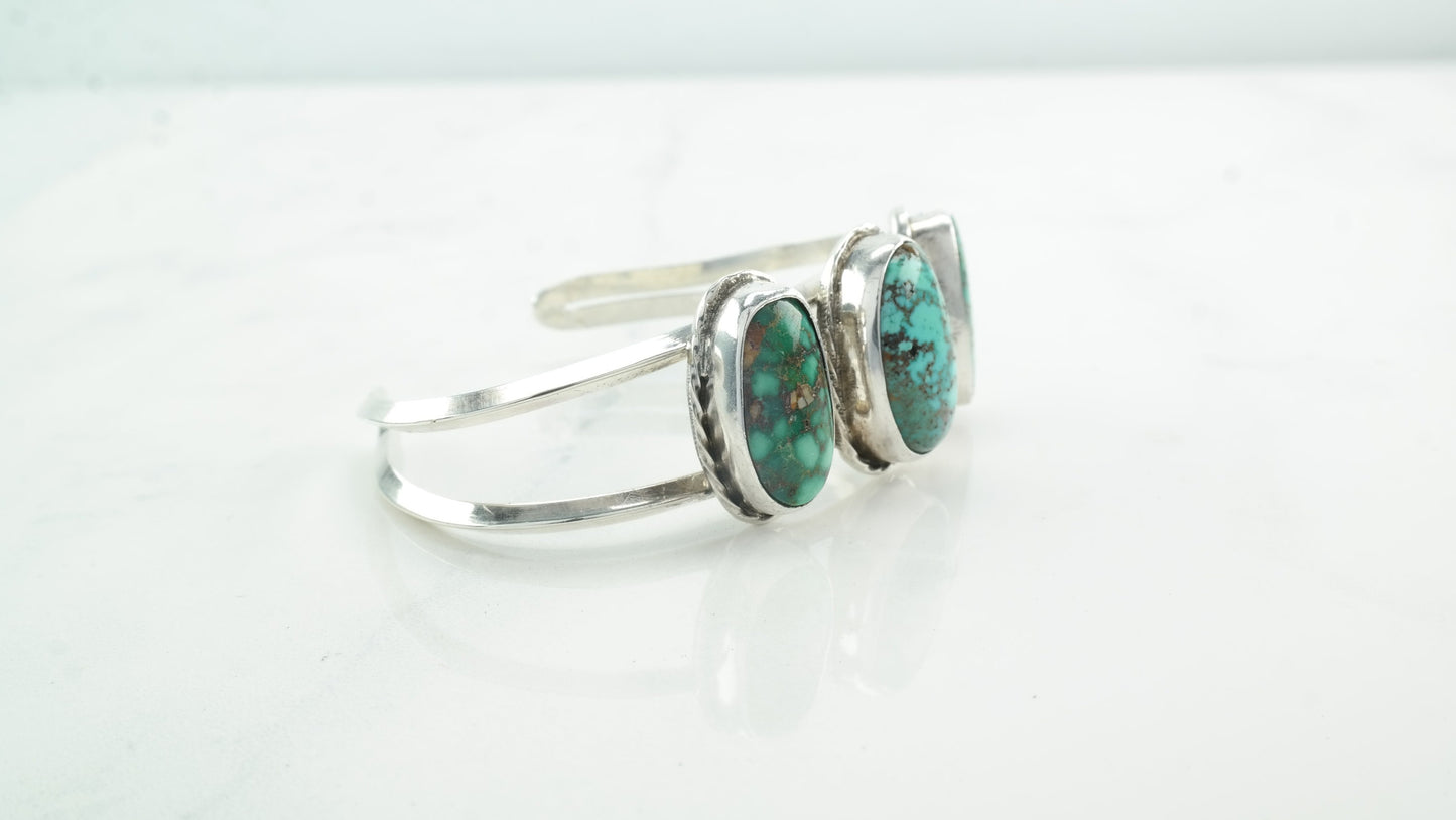 Green Spiderweb Turquoise Native American Sterling Silver Cuff Bracelet Three Stone