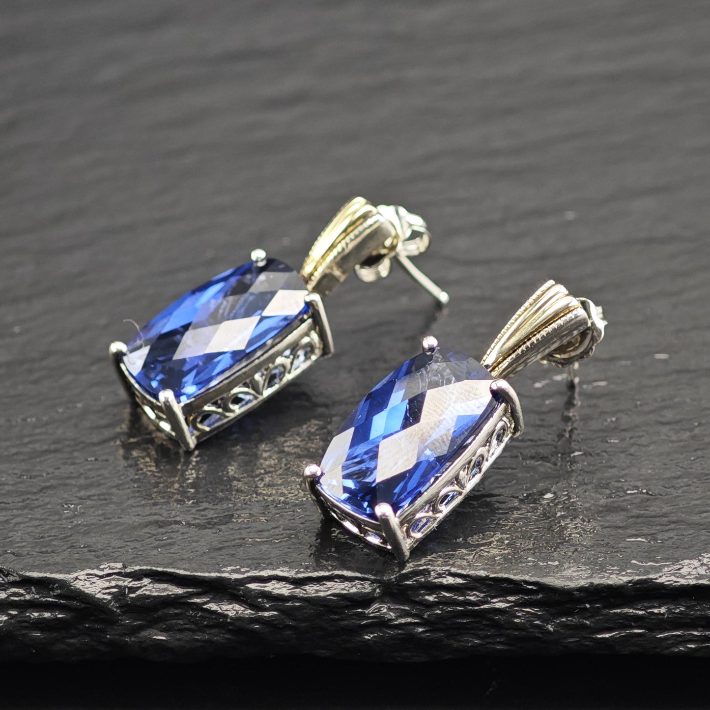 Designer Blue Lab Sapphire, 14K Gold Accent Sterling Silver Stud Earrings ER3183