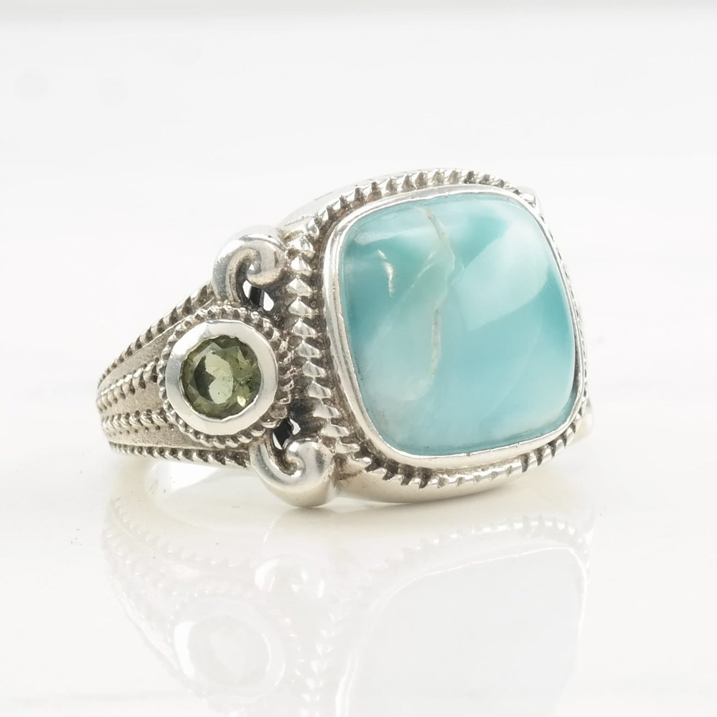 Designer Ring Larimar, Peridot Sterling Silver Size 6 3/4