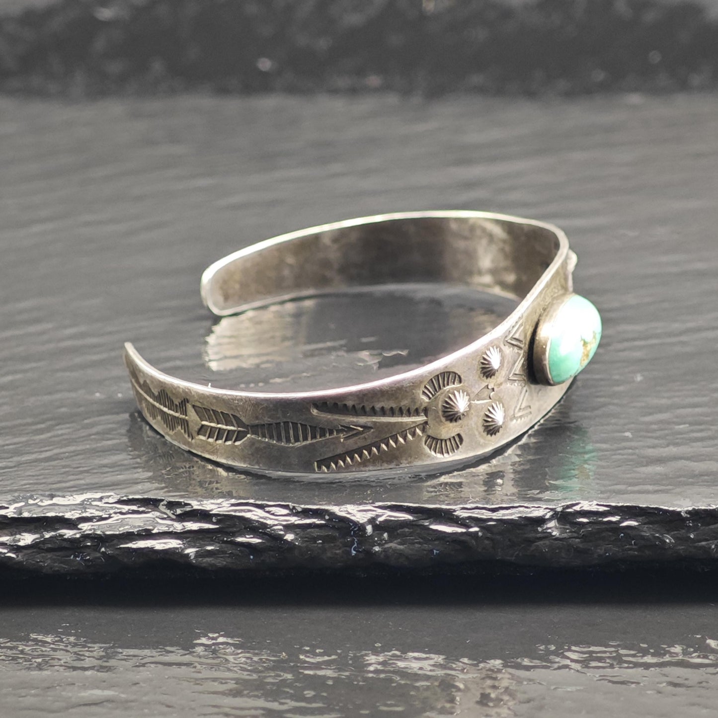 Fred Harvey Era Blue Gem Turquoise Stamped Sterling Silver Cuff Sz 6 1/4" BR3116