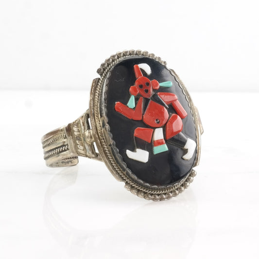 Vintage Zuni Inlay Cuff Bracelet Native American Sterling Silver Kachina