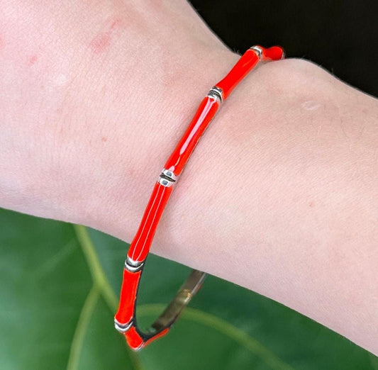 Hildago Sterling Silver Bangle Bracelet Red Enamel