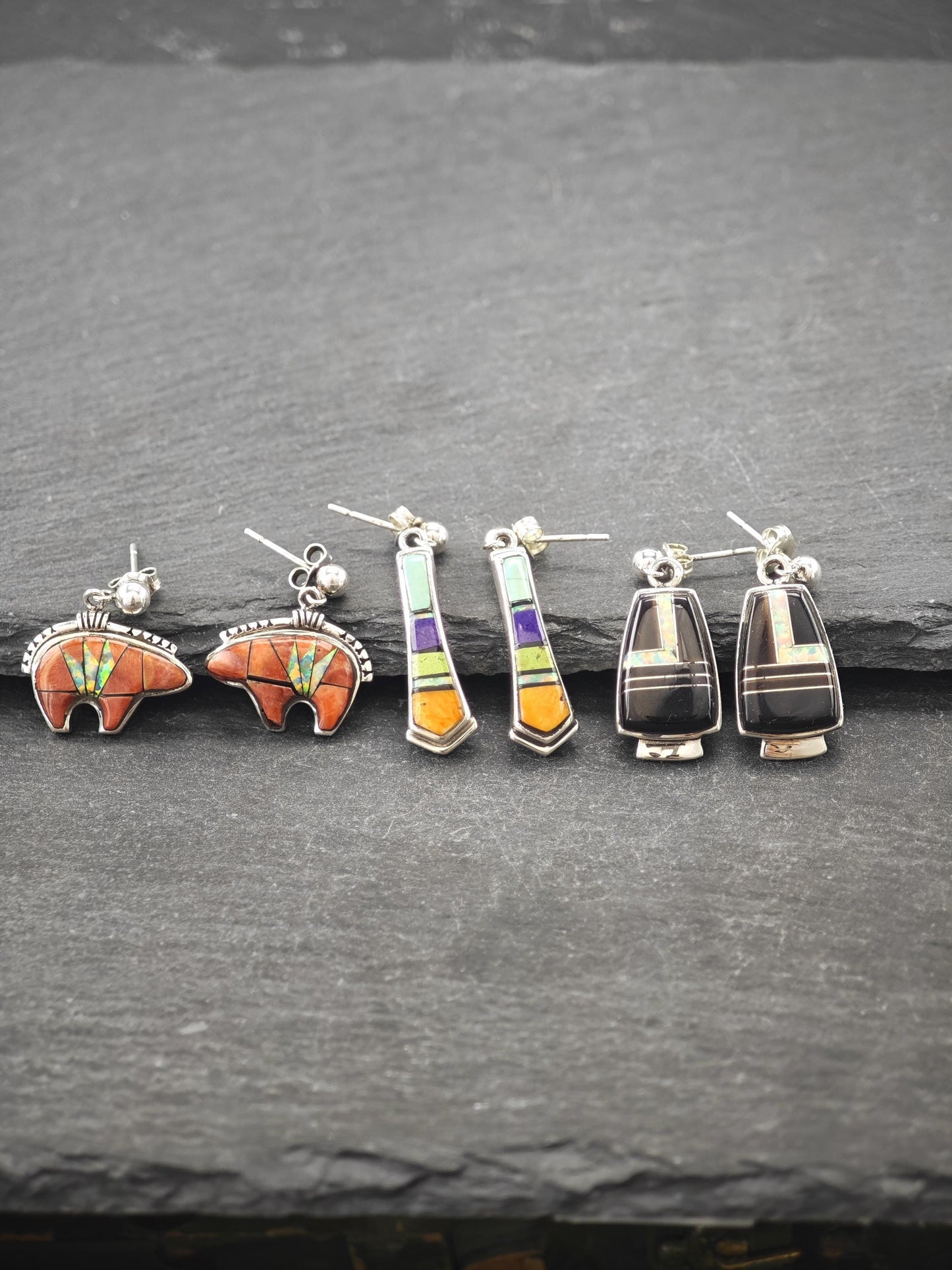 Choice of Southwest Inlay, Lab Opal Pierced Dangle Earrings Sterling Silver