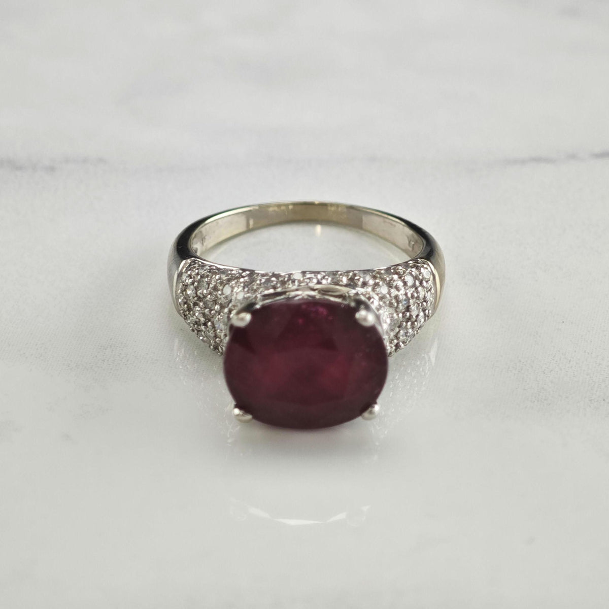 7ct Glass Filled Ruby & Diamond Cluster 14K White Gold Ring Sz 8 R6796