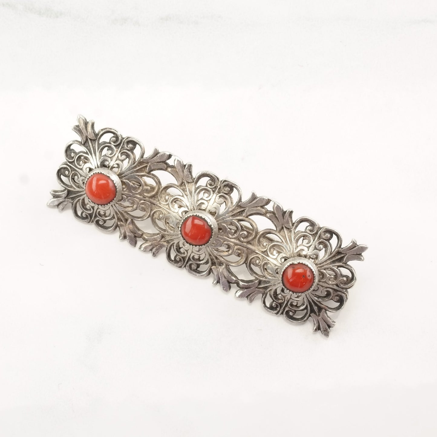 Italian Sterling Silver Brooch Filigree Coral