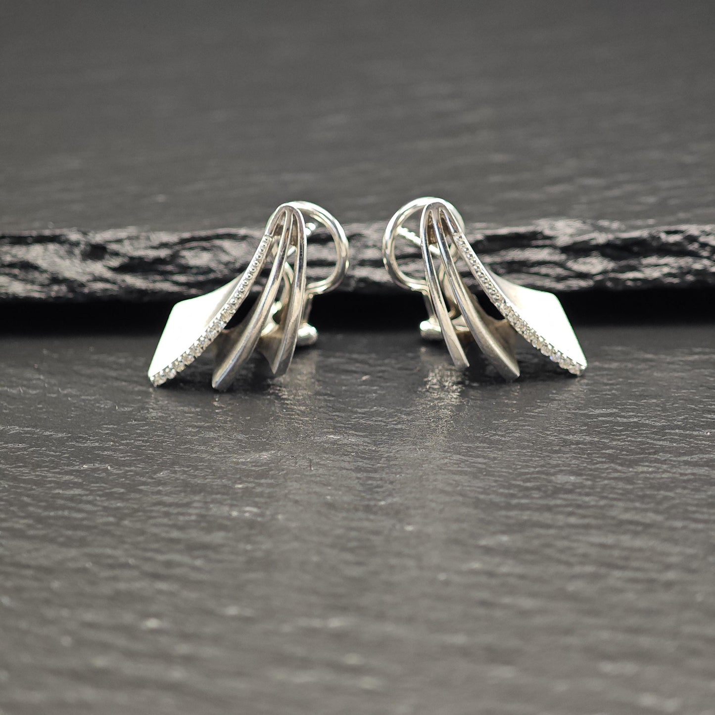 White Diamonds Modernist Omega Back Earrings Sterling Silver