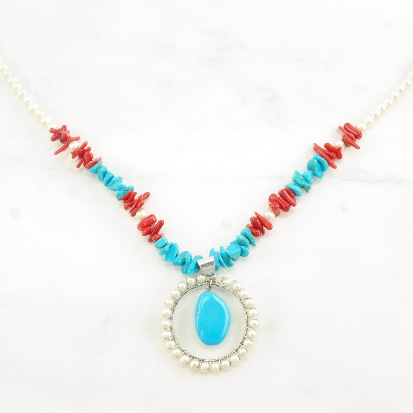 Sterling Silver Blue, Red Coral, Turquoise Pearl Necklace