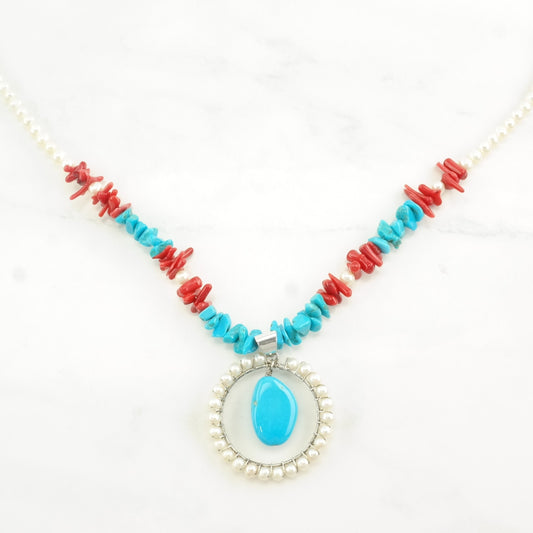 Sterling Silver Blue, Red Coral, Turquoise Pearl Necklace