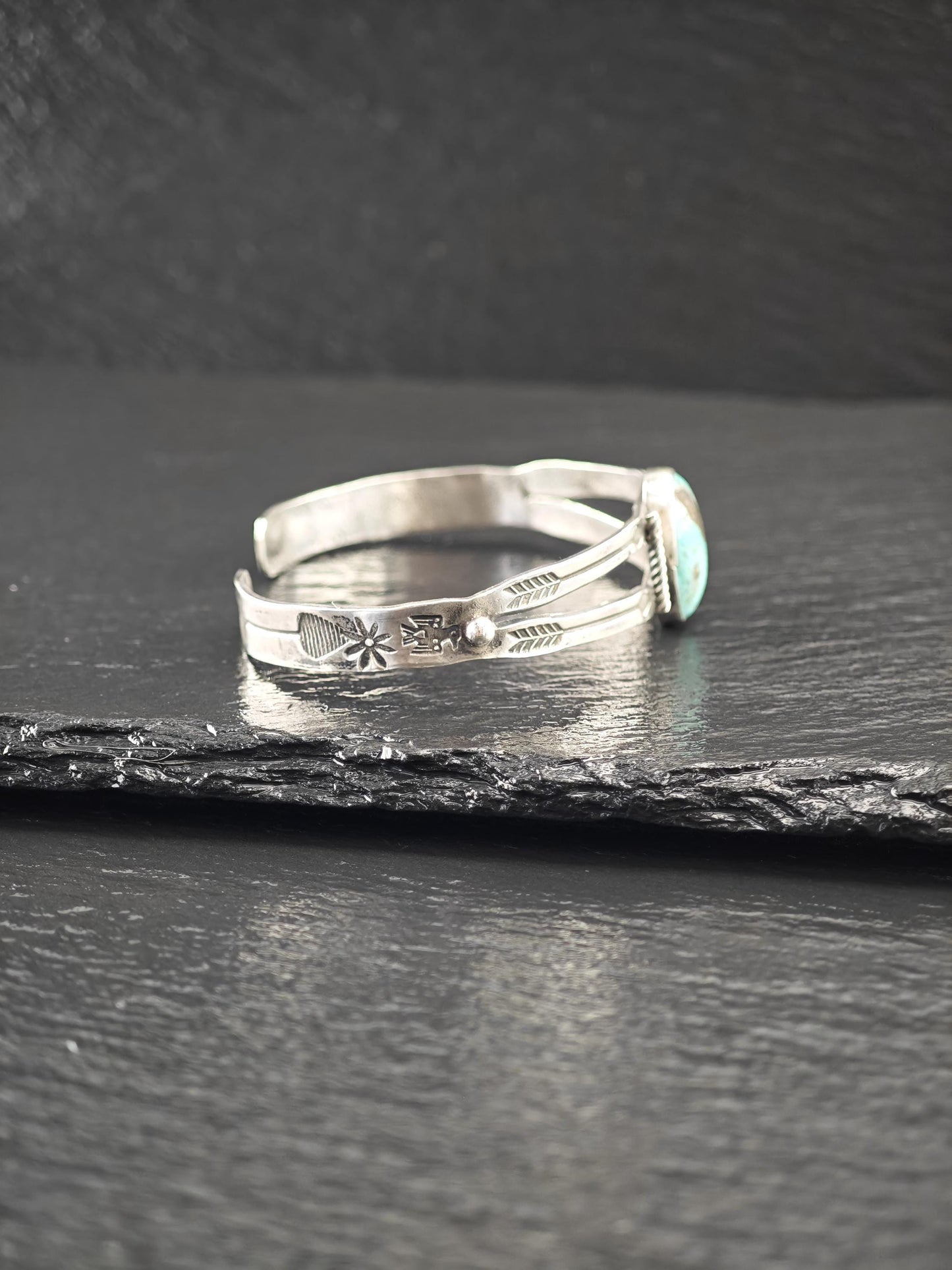Curio Native American, Stamped Natural Turquoise Cuff Bracelet Sterling Silver