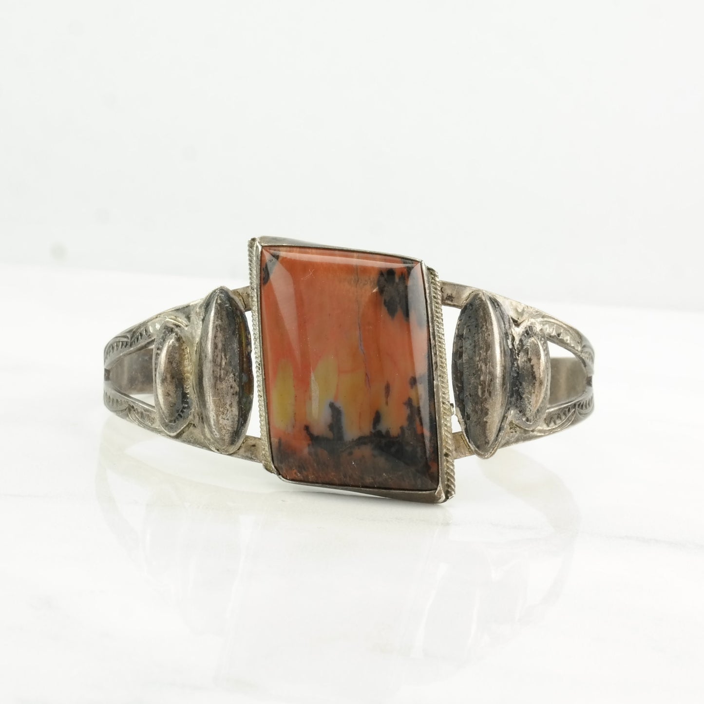 Fred Harvey Era Sterling Silver Cuff Bracelet Orange Petrified Wood