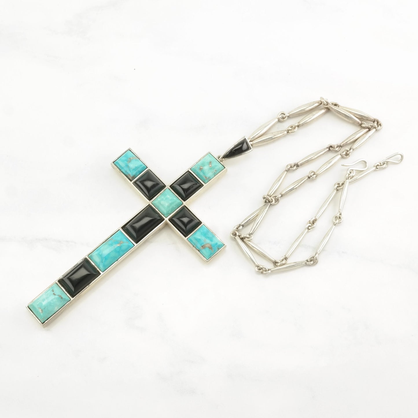 Southwest Sterling Silver Blue, Black Turquoise, Jet Cross Necklace