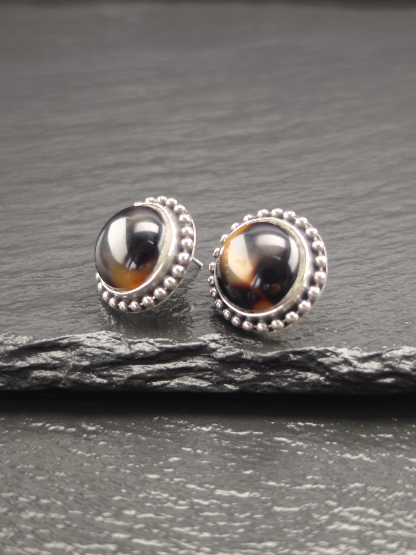Vintage Brown Gemstone, Dome Sterling Silver Stud Earrings