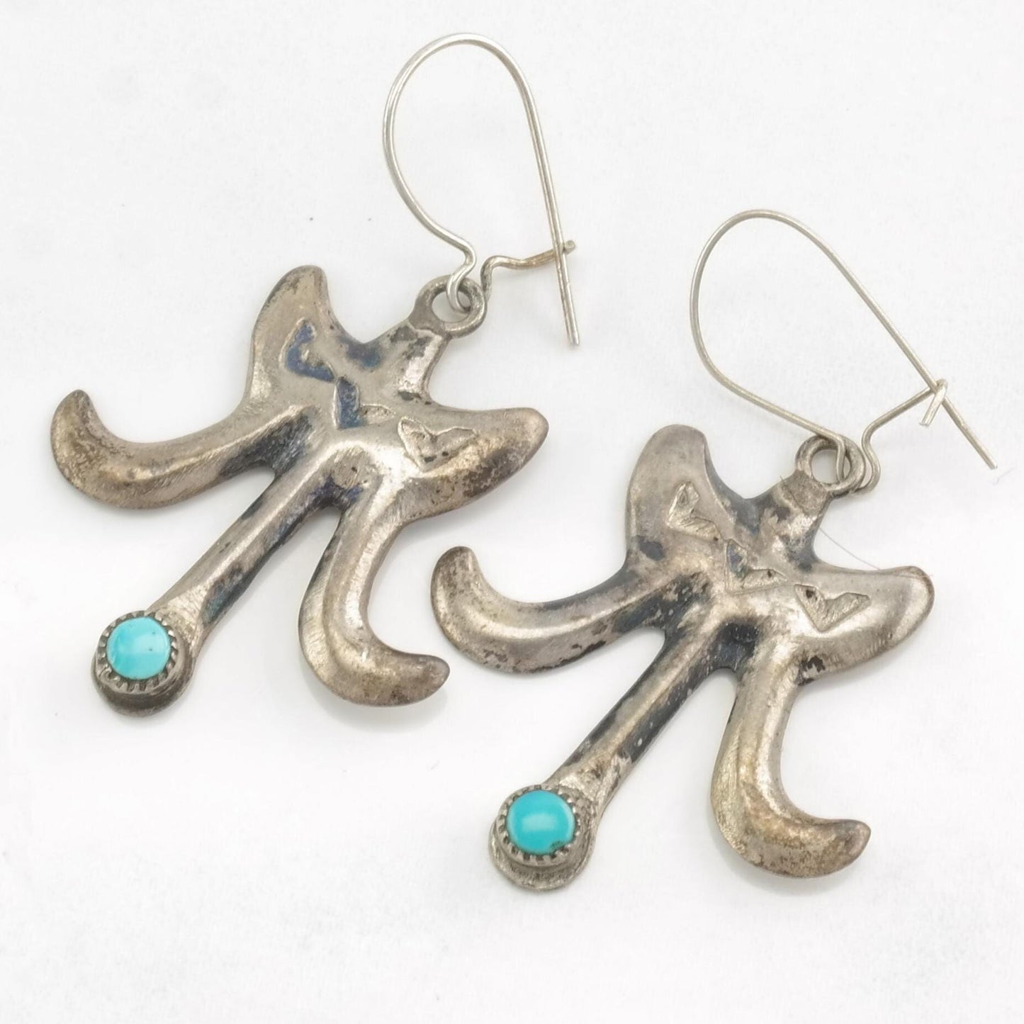 Native American Sterling Silver Turquoise Stamped, Sandcast, Earrings Fish Hook, Dangle