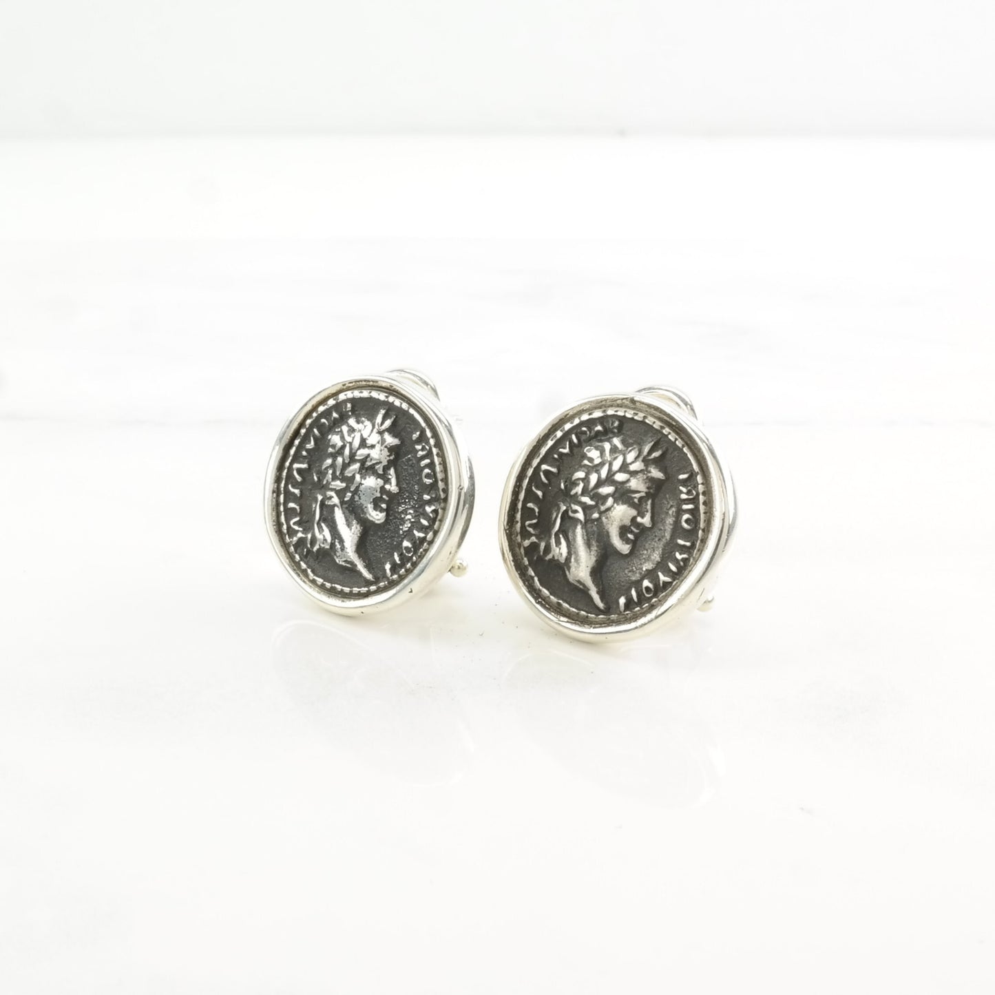 Vintage Sterling Silver Roman Coin Bust Earrings Omega back