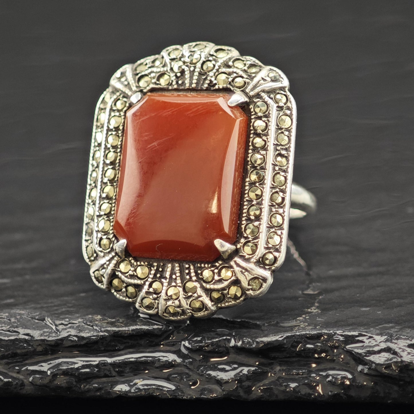 Art Deco Style Carnelian Marcasite Ring Sterling Silver Sz 6 R6253