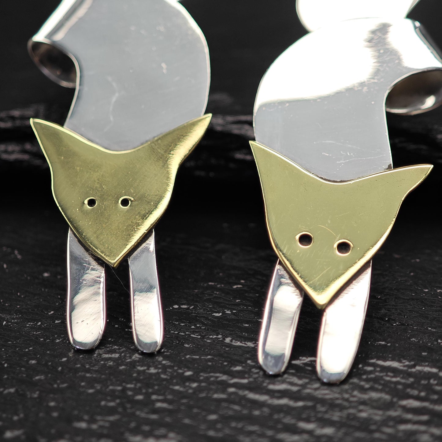 Vintage Gold Tone Fox, Brass Animal Stud Earrings Sterling Silver