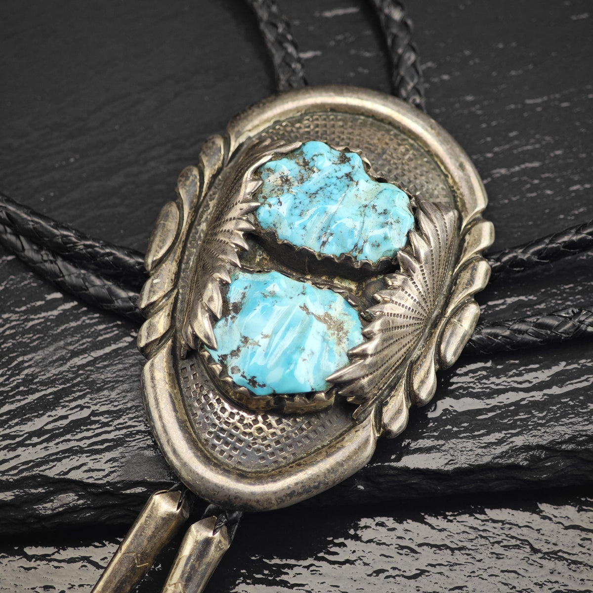 Vintage Turquoise, Zuni Robert & Bernice Leekya Sterling Silver Bolo Tie Necklace N2768