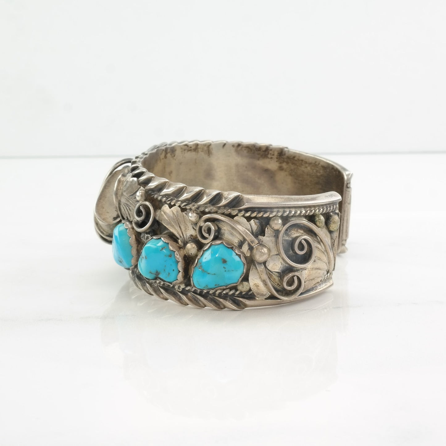 Native American Sterling Silver Cuff Bracelet Blue Turquoise Floral, Feather